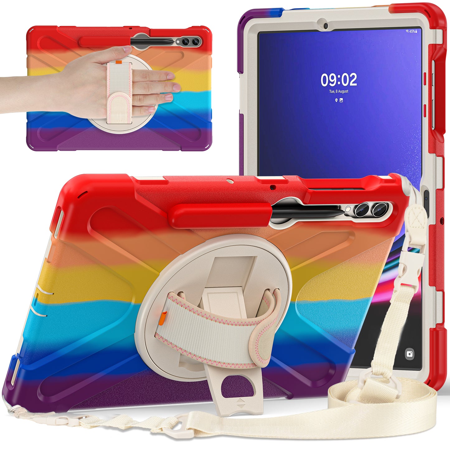 For Samsung Galaxy Tab S9 FE+ / S9+ / S8+ / S7+ Shockproof PC+Silicone Rugged Tablet Case Kickstand with Hand Band / Shoulder Strap