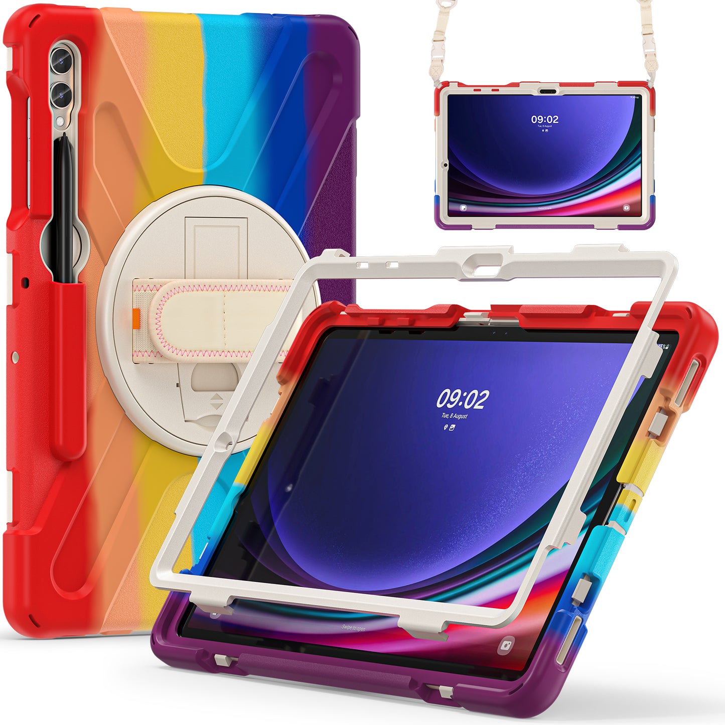 For Samsung Galaxy Tab S9 FE+ / S9+ / S8+ / S7+ Shockproof PC+Silicone Rugged Tablet Case Kickstand with Hand Band / Shoulder Strap