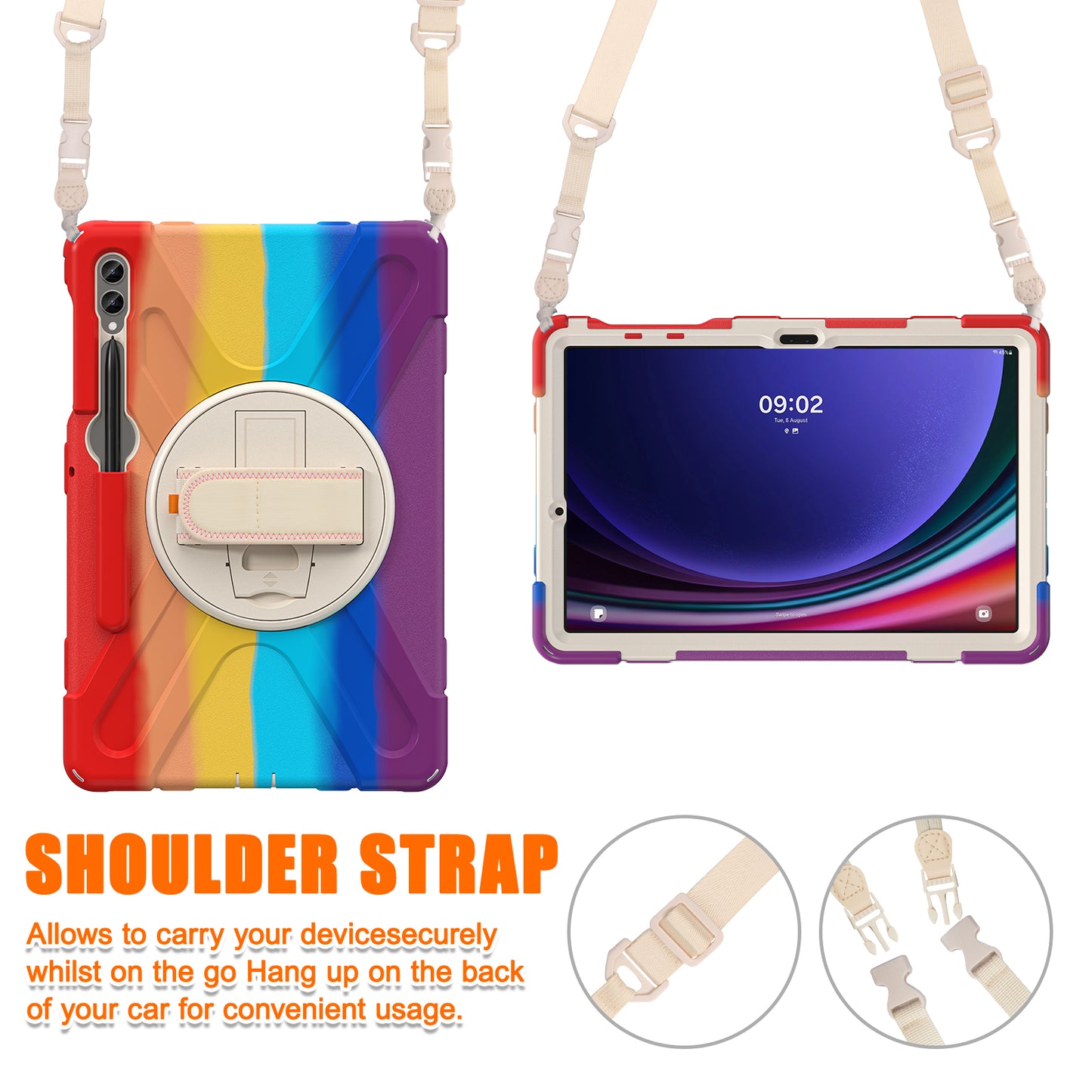For Samsung Galaxy Tab S9 FE+ / S9+ / S8+ / S7+ Shockproof PC+Silicone Rugged Tablet Case Kickstand with Hand Band / Shoulder Strap