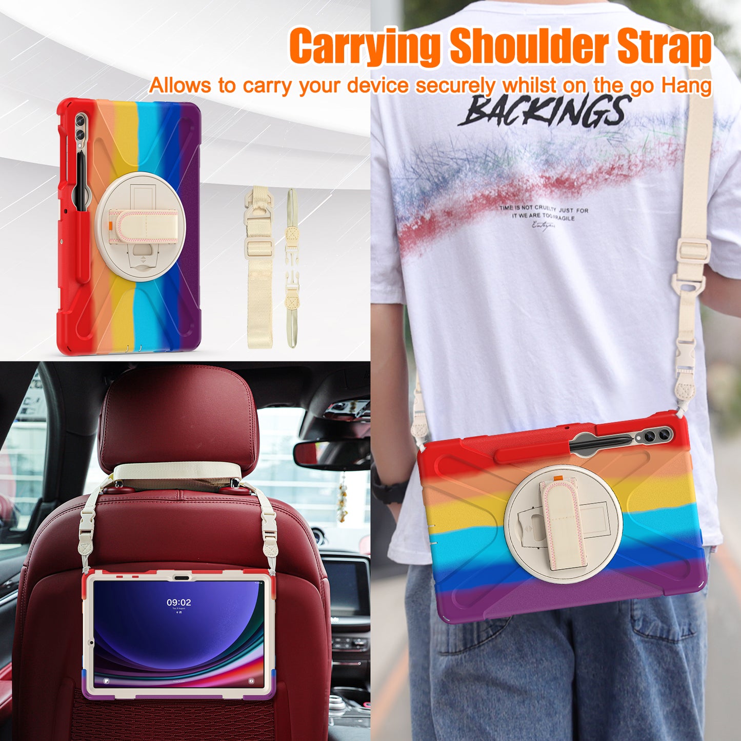 For Samsung Galaxy Tab S9 FE+ / S9+ / S8+ / S7+ Shockproof PC+Silicone Rugged Tablet Case Kickstand with Hand Band / Shoulder Strap