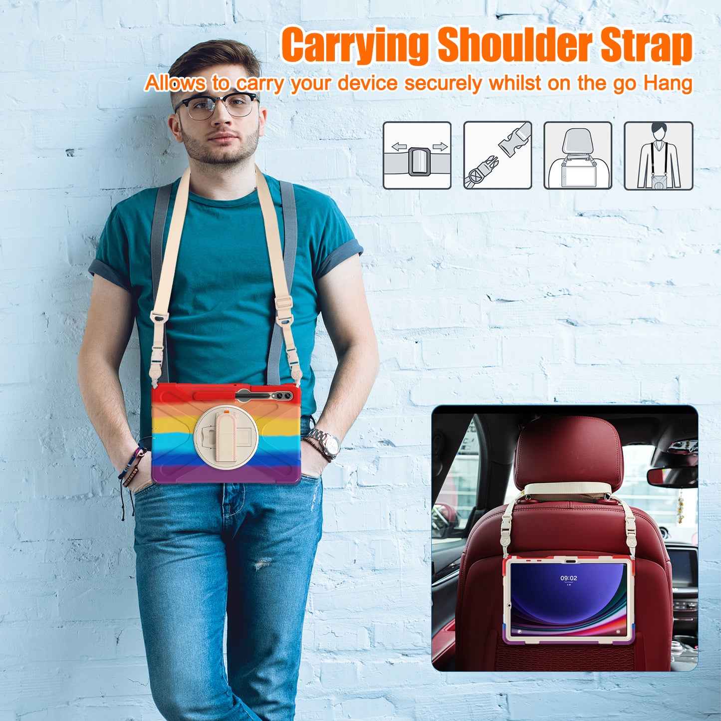 For Samsung Galaxy Tab S9 FE+ / S9+ / S8+ / S7+ Shockproof PC+Silicone Rugged Tablet Case Kickstand with Hand Band / Shoulder Strap
