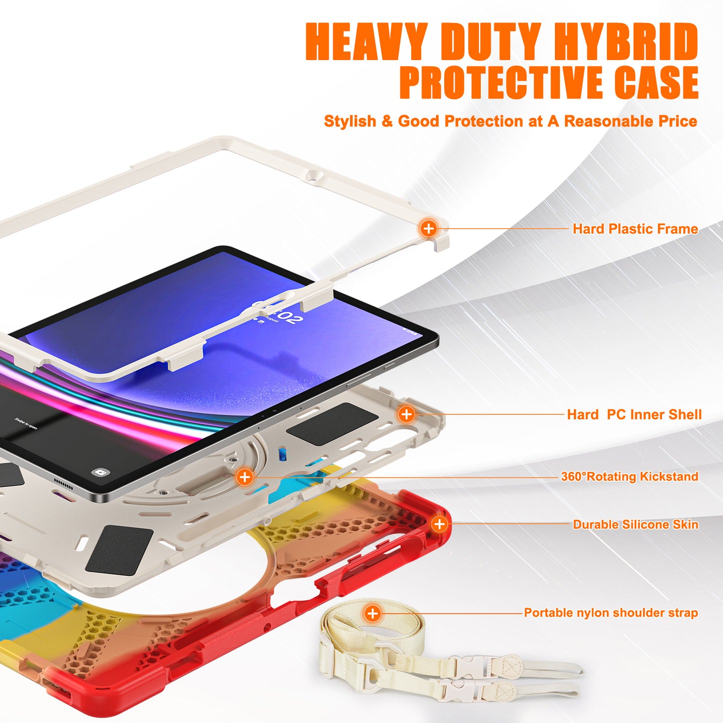 For Samsung Galaxy Tab S9 FE+ / S9+ / S8+ / S7+ Shockproof PC+Silicone Rugged Tablet Case Kickstand with Hand Band / Shoulder Strap