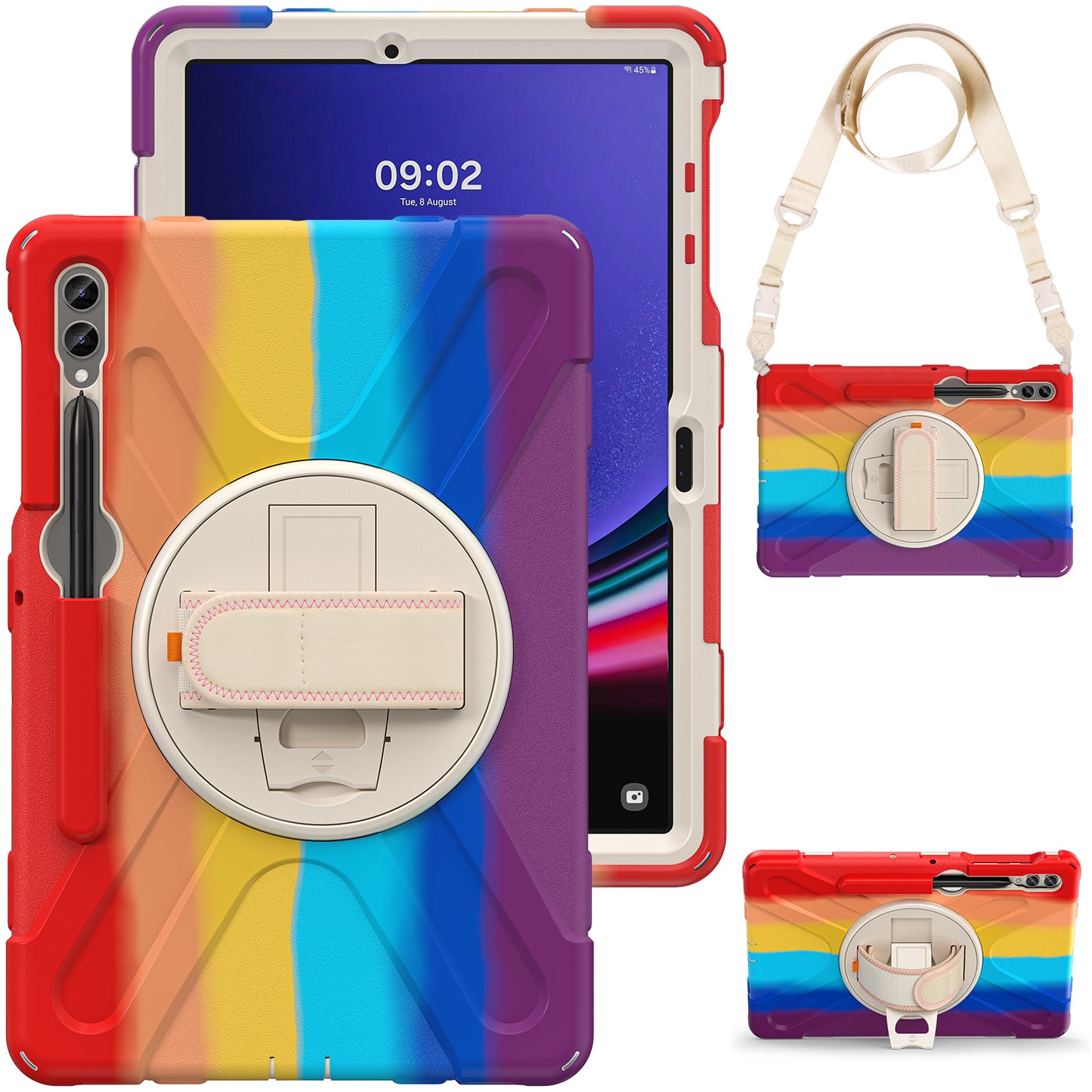 For Samsung Galaxy Tab S9 FE+ / S9+ / S8+ / S7+ Shockproof PC+Silicone Rugged Tablet Case Kickstand with Hand Band / Shoulder Strap