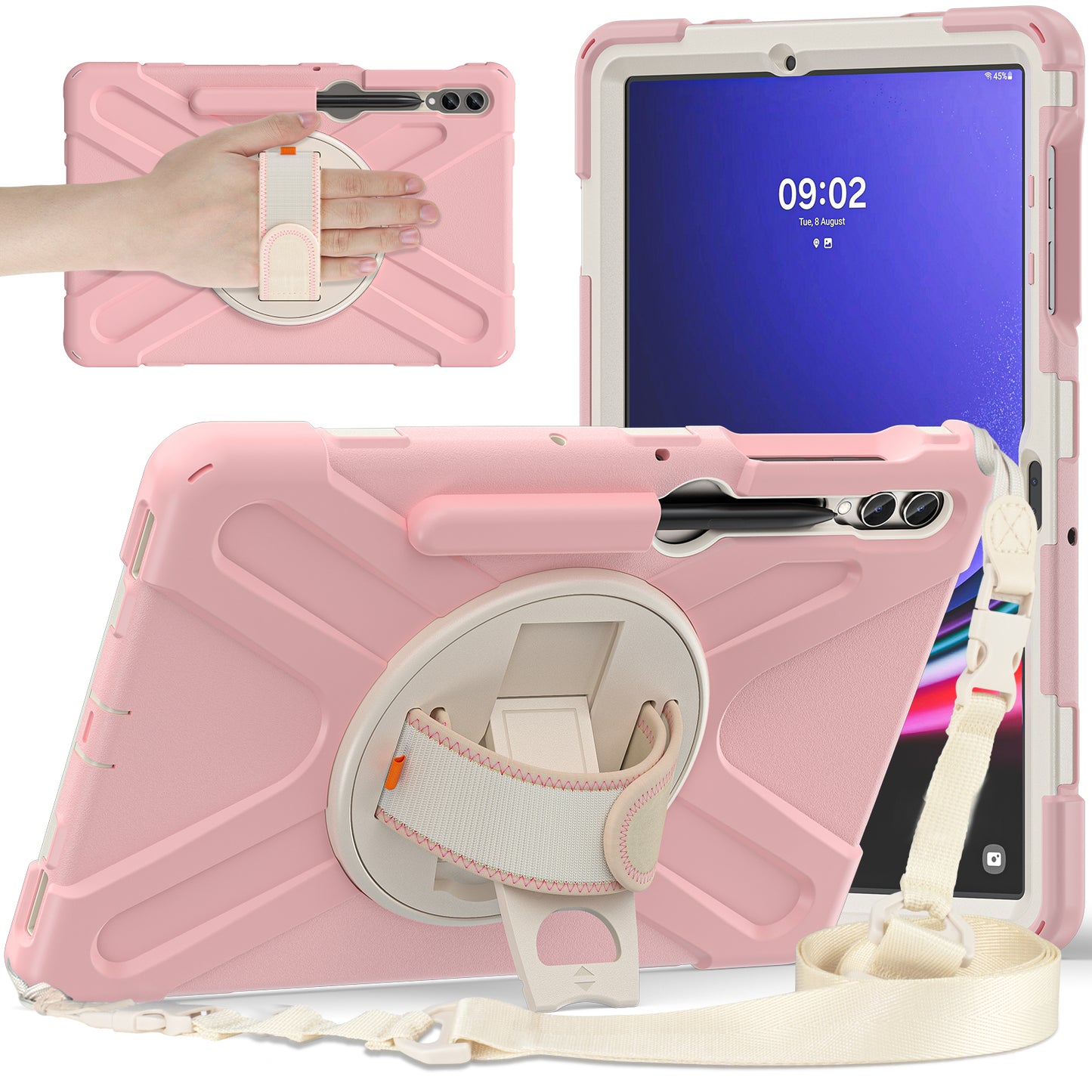 For Samsung Galaxy Tab S9 FE+ / S9+ / S8+ / S7+ Shockproof PC+Silicone Rugged Tablet Case Kickstand with Hand Band / Shoulder Strap