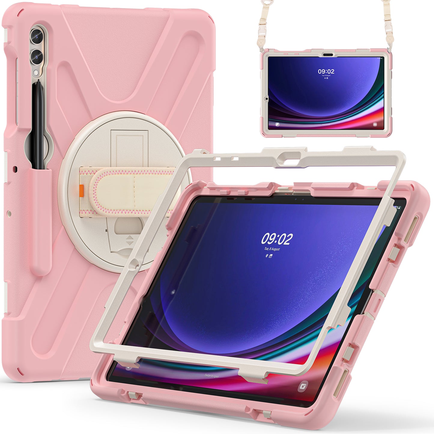 For Samsung Galaxy Tab S9 FE+ / S9+ / S8+ / S7+ Shockproof PC+Silicone Rugged Tablet Case Kickstand with Hand Band / Shoulder Strap