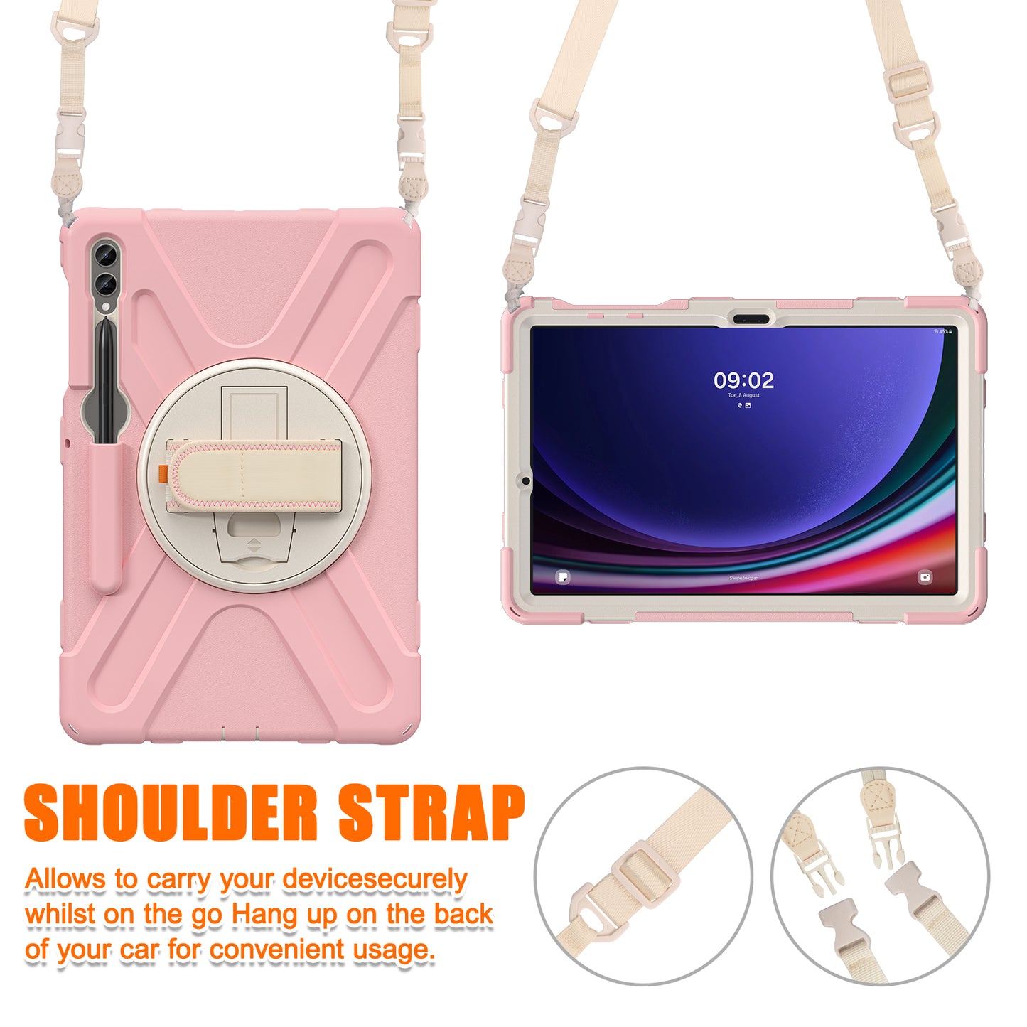 For Samsung Galaxy Tab S9 FE+ / S9+ / S8+ / S7+ Shockproof PC+Silicone Rugged Tablet Case Kickstand with Hand Band / Shoulder Strap