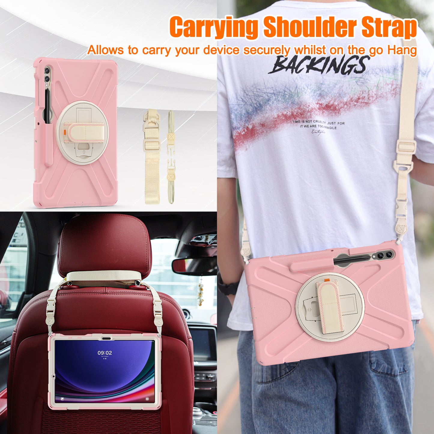 For Samsung Galaxy Tab S9 FE+ / S9+ / S8+ / S7+ Shockproof PC+Silicone Rugged Tablet Case Kickstand with Hand Band / Shoulder Strap