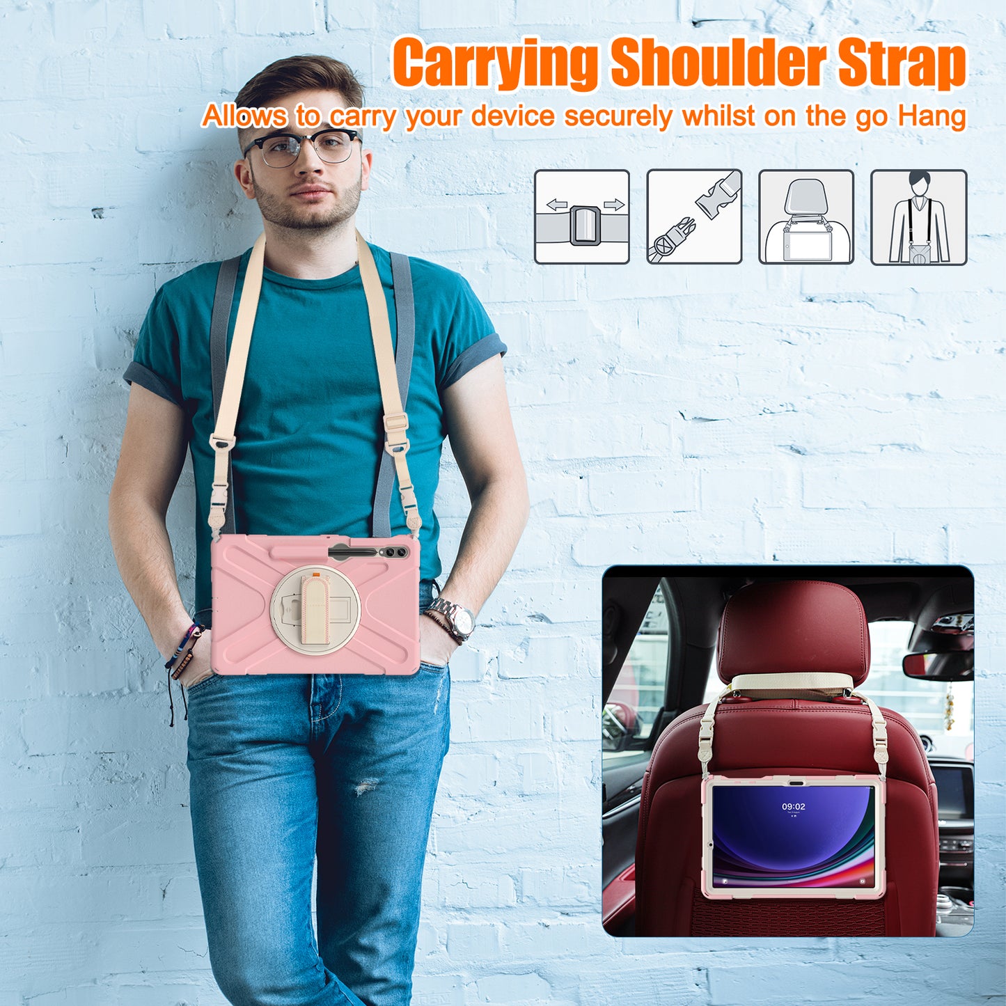 For Samsung Galaxy Tab S9 FE+ / S9+ / S8+ / S7+ Shockproof PC+Silicone Rugged Tablet Case Kickstand with Hand Band / Shoulder Strap