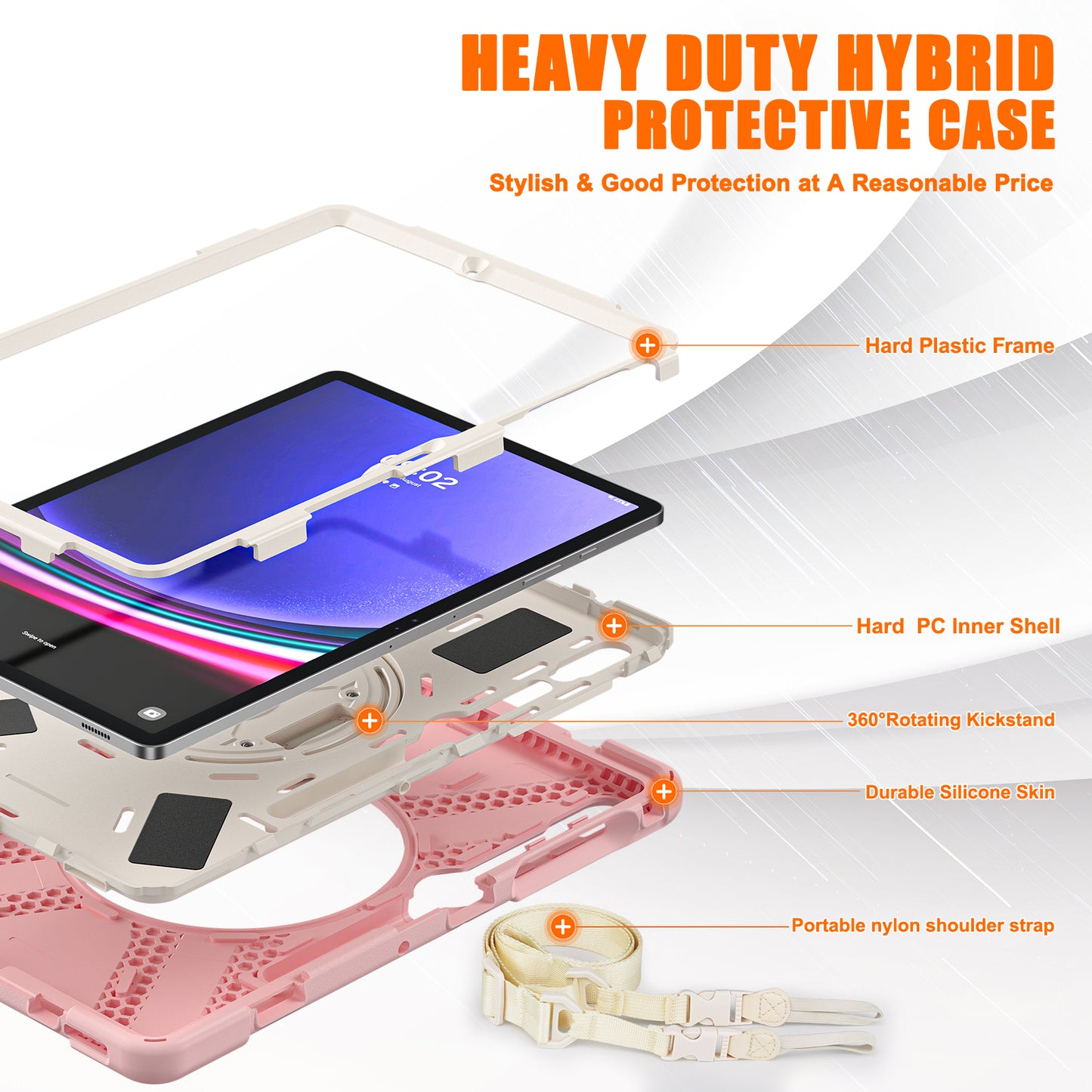 For Samsung Galaxy Tab S9 FE+ / S9+ / S8+ / S7+ Shockproof PC+Silicone Rugged Tablet Case Kickstand with Hand Band / Shoulder Strap
