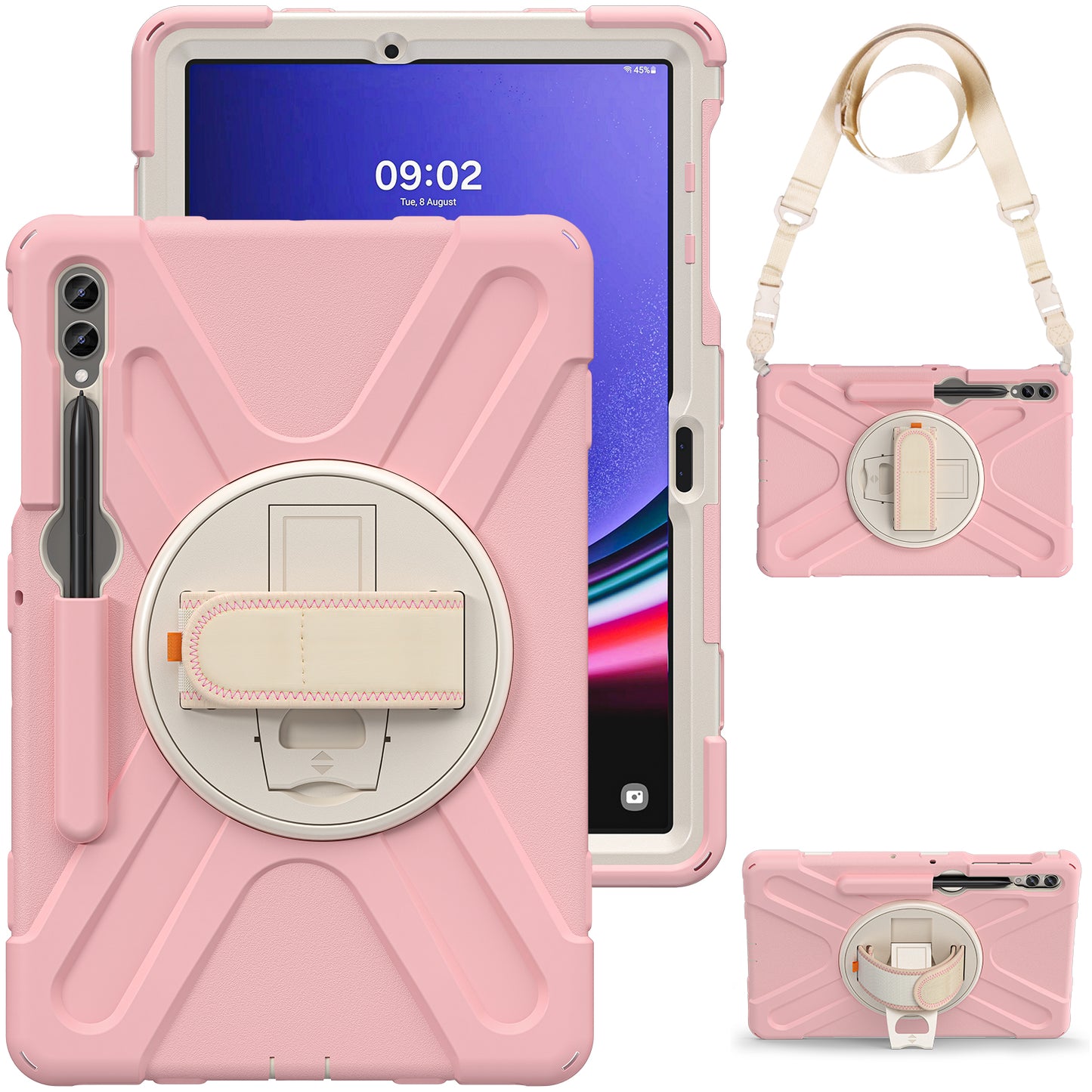 For Samsung Galaxy Tab S9 FE+ / S9+ / S8+ / S7+ Shockproof PC+Silicone Rugged Tablet Case Kickstand with Hand Band / Shoulder Strap