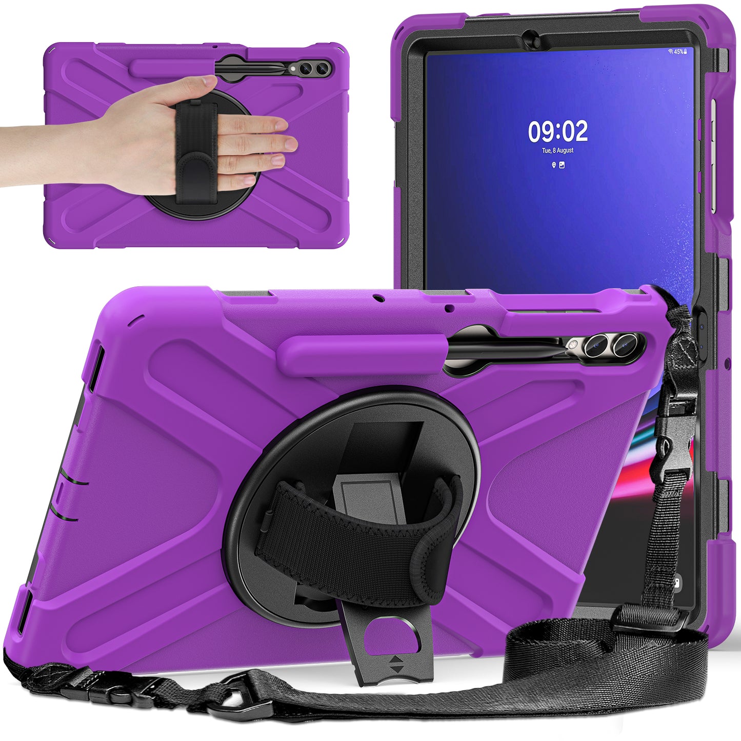 For Samsung Galaxy Tab S9 FE+ / S9+ / S8+ / S7+ Shockproof PC+Silicone Rugged Tablet Case Kickstand with Hand Band / Shoulder Strap