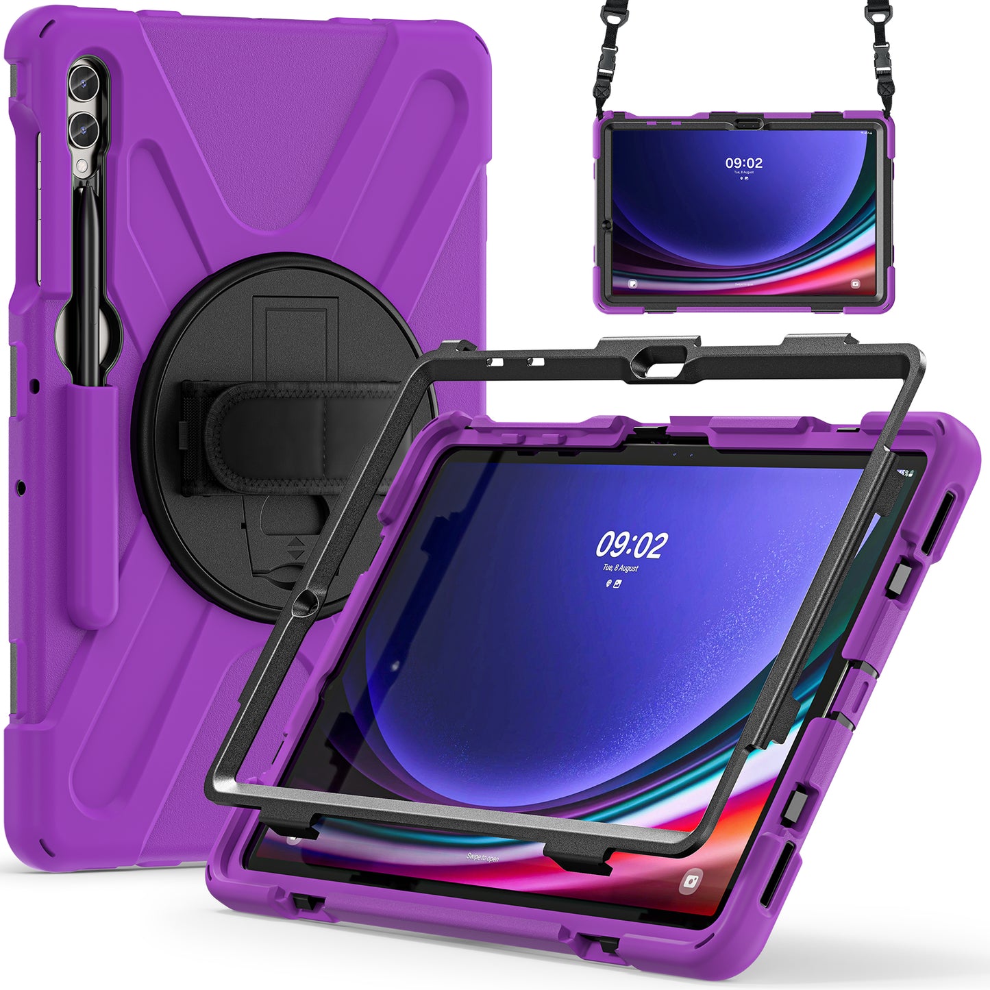 For Samsung Galaxy Tab S9 FE+ / S9+ / S8+ / S7+ Shockproof PC+Silicone Rugged Tablet Case Kickstand with Hand Band / Shoulder Strap