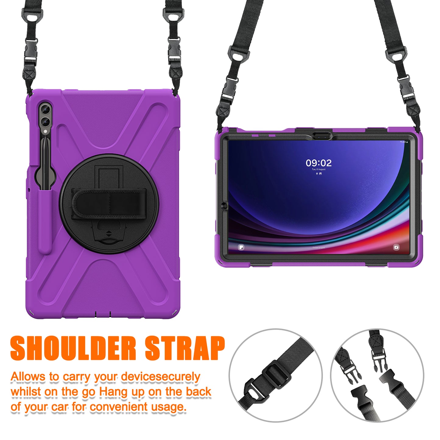 For Samsung Galaxy Tab S9 FE+ / S9+ / S8+ / S7+ Shockproof PC+Silicone Rugged Tablet Case Kickstand with Hand Band / Shoulder Strap