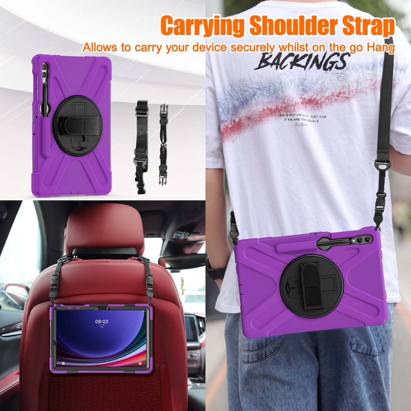 For Samsung Galaxy Tab S9 FE+ / S9+ / S8+ / S7+ Shockproof PC+Silicone Rugged Tablet Case Kickstand with Hand Band / Shoulder Strap