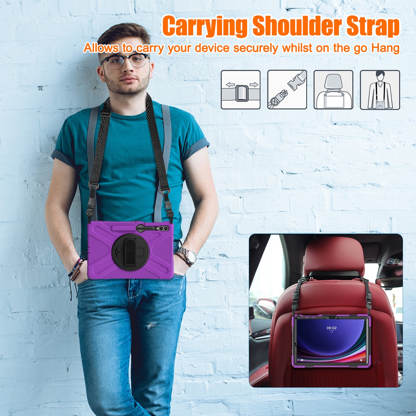 For Samsung Galaxy Tab S9 FE+ / S9+ / S8+ / S7+ Shockproof PC+Silicone Rugged Tablet Case Kickstand with Hand Band / Shoulder Strap