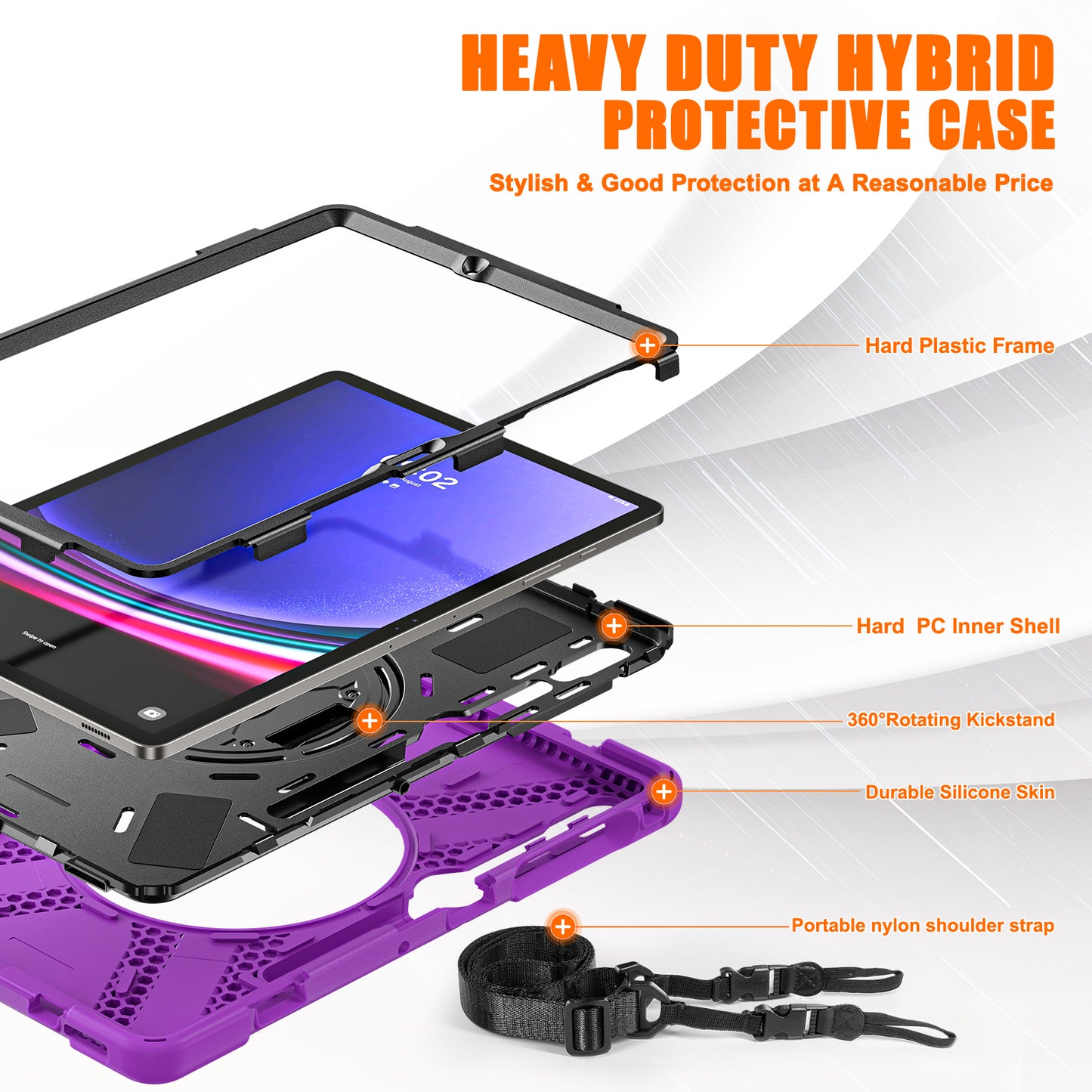 For Samsung Galaxy Tab S9 FE+ / S9+ / S8+ / S7+ Shockproof PC+Silicone Rugged Tablet Case Kickstand with Hand Band / Shoulder Strap