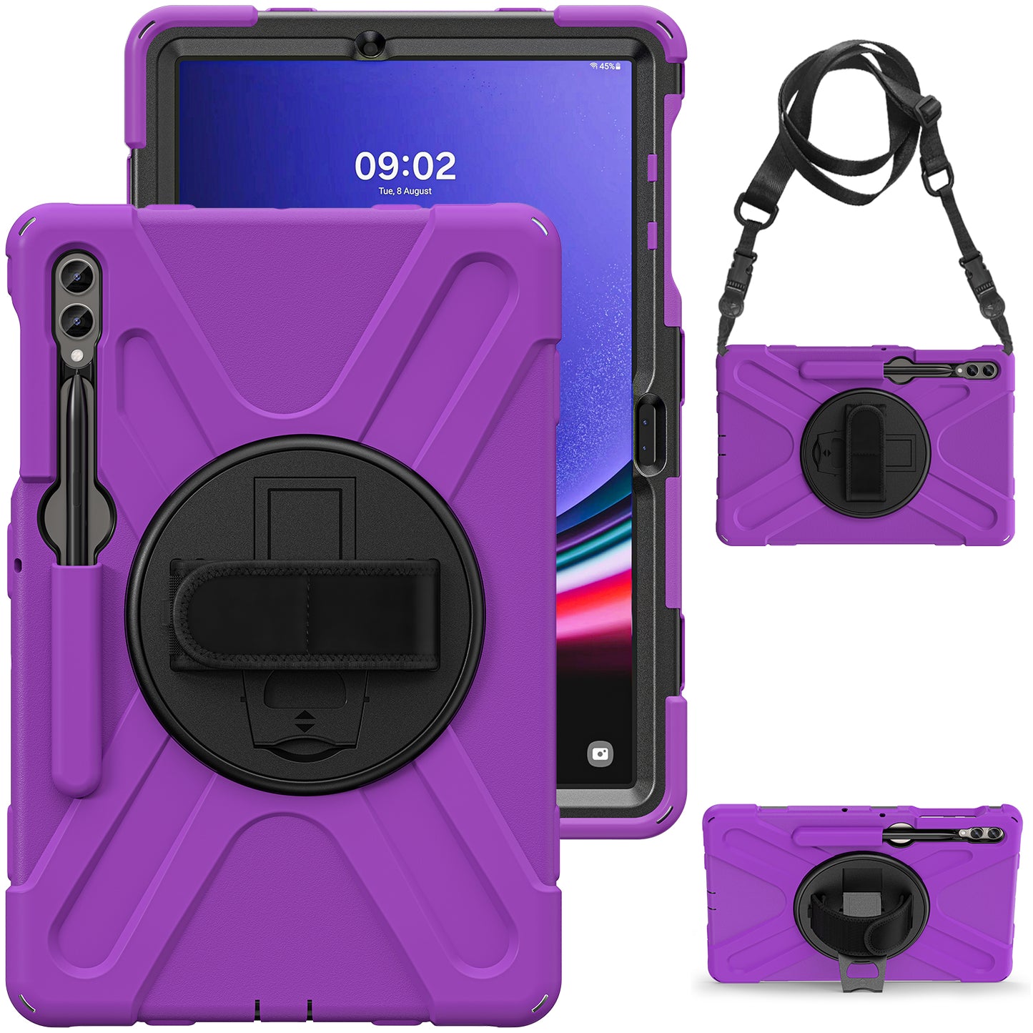 For Samsung Galaxy Tab S9 FE+ / S9+ / S8+ / S7+ Shockproof PC+Silicone Rugged Tablet Case Kickstand with Hand Band / Shoulder Strap