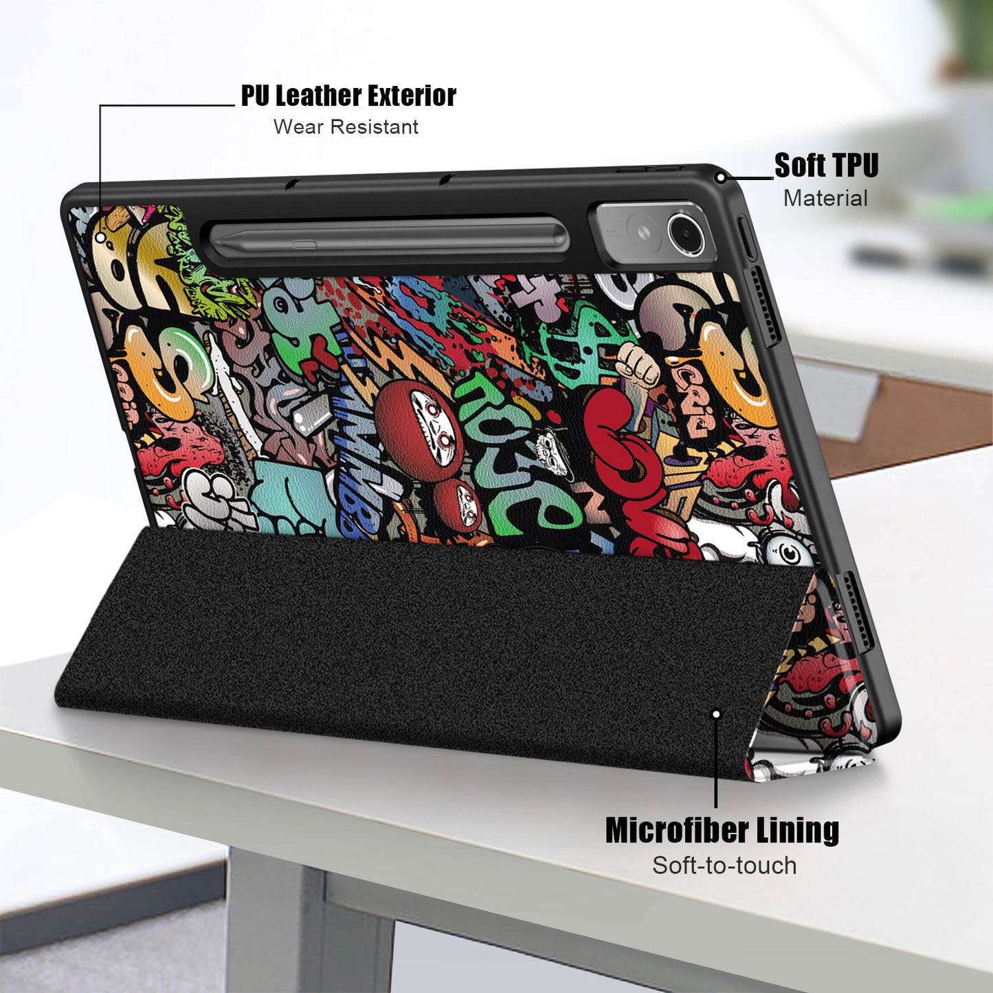 For Lenovo Lenovo Tab P12 TB371FC Pattern Printing Tri-fold Stand Tablet Cover PU Leather +TPU Tablet Case