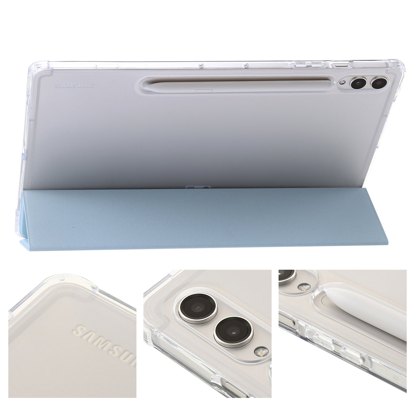For Samsung Galaxy Tab S9 Ultra Tri-fold Stand Folio Smart Case PU Leather+Acrylic+TPU Clear Tablet Cover