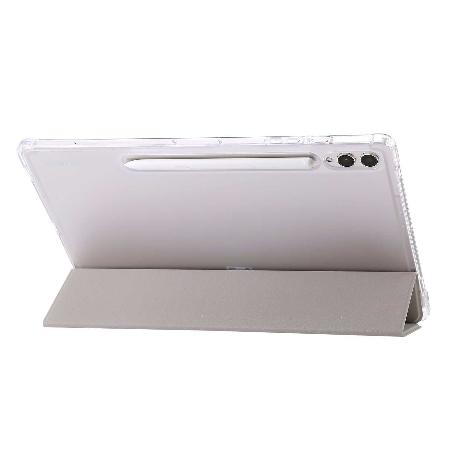 For Samsung Galaxy Tab S9 Ultra Tri-fold Stand Folio Smart Case PU Leather+Acrylic+TPU Clear Tablet Cover