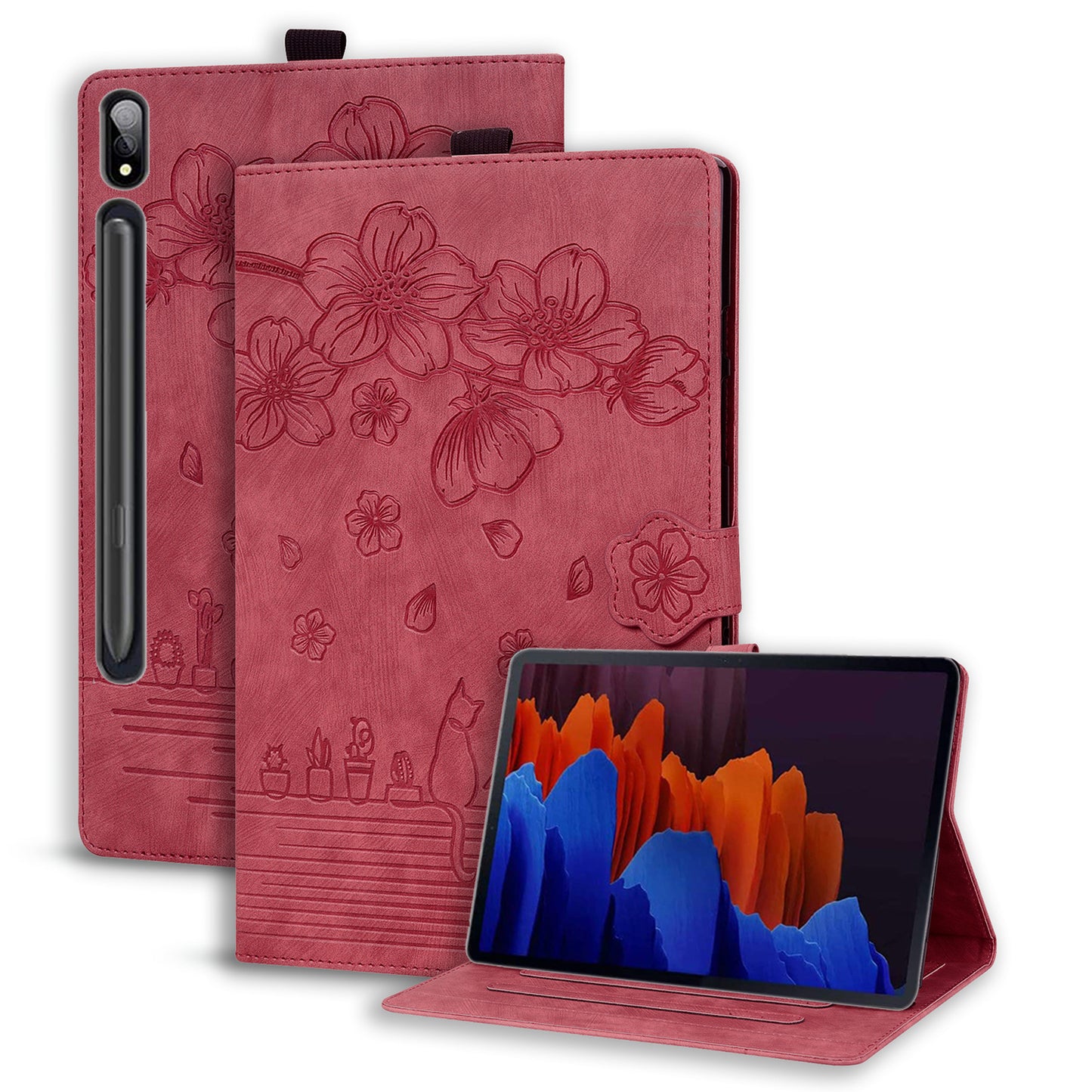 For Samsung Galaxy Tab S9+ PU Leather Card Holder Cover Flower Cat Imprinted Tablet Stand Case