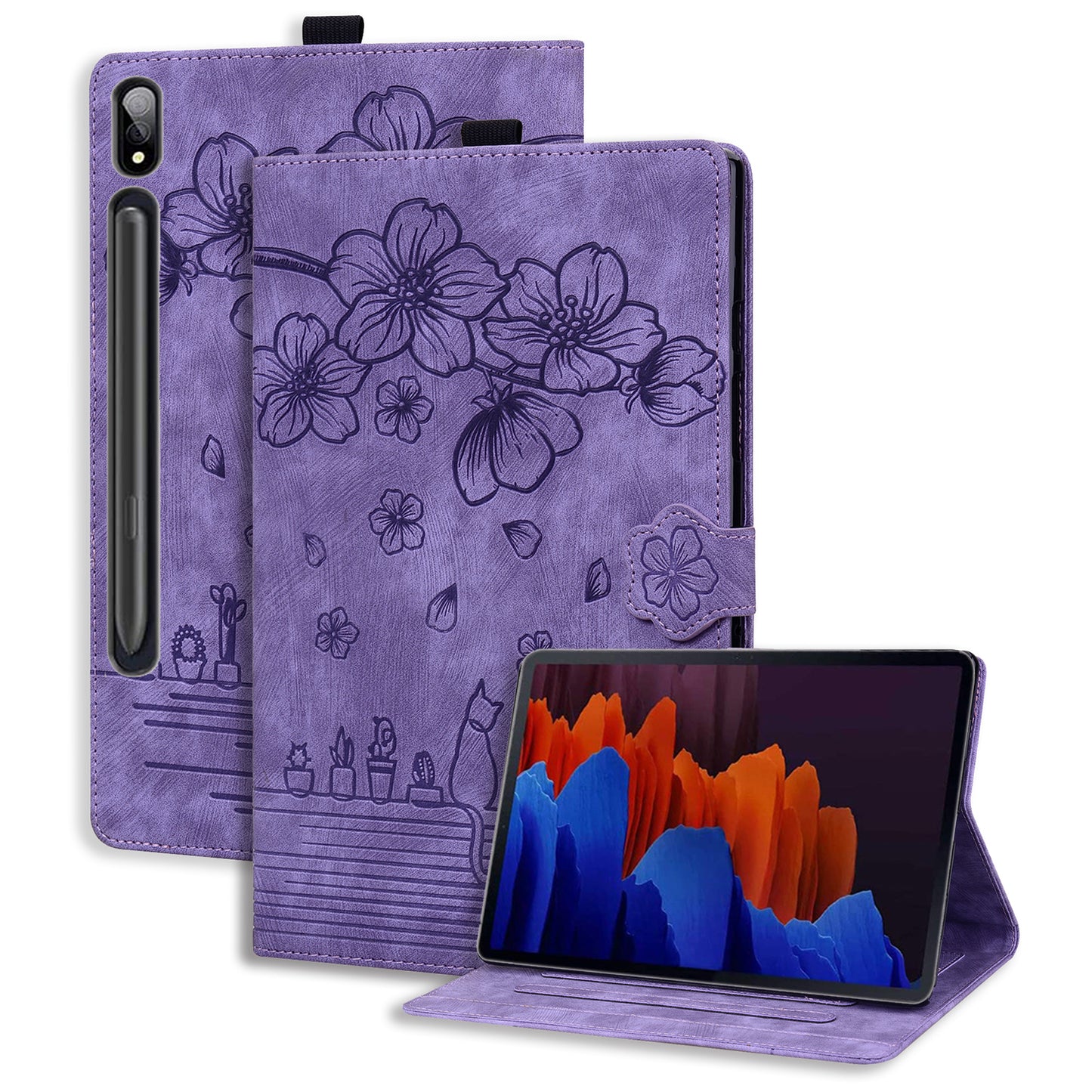 For Samsung Galaxy Tab S9+ PU Leather Card Holder Cover Flower Cat Imprinted Tablet Stand Case