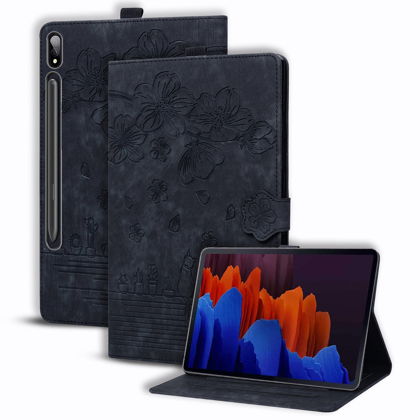For Samsung Galaxy Tab S9+ PU Leather Card Holder Cover Flower Cat Imprinted Tablet Stand Case