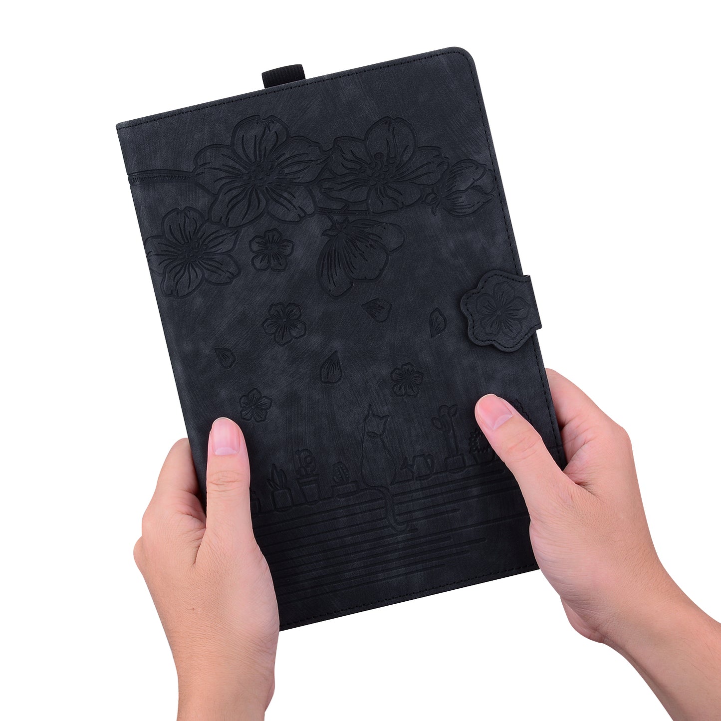 For Samsung Galaxy Tab S9+ PU Leather Card Holder Cover Flower Cat Imprinted Tablet Stand Case