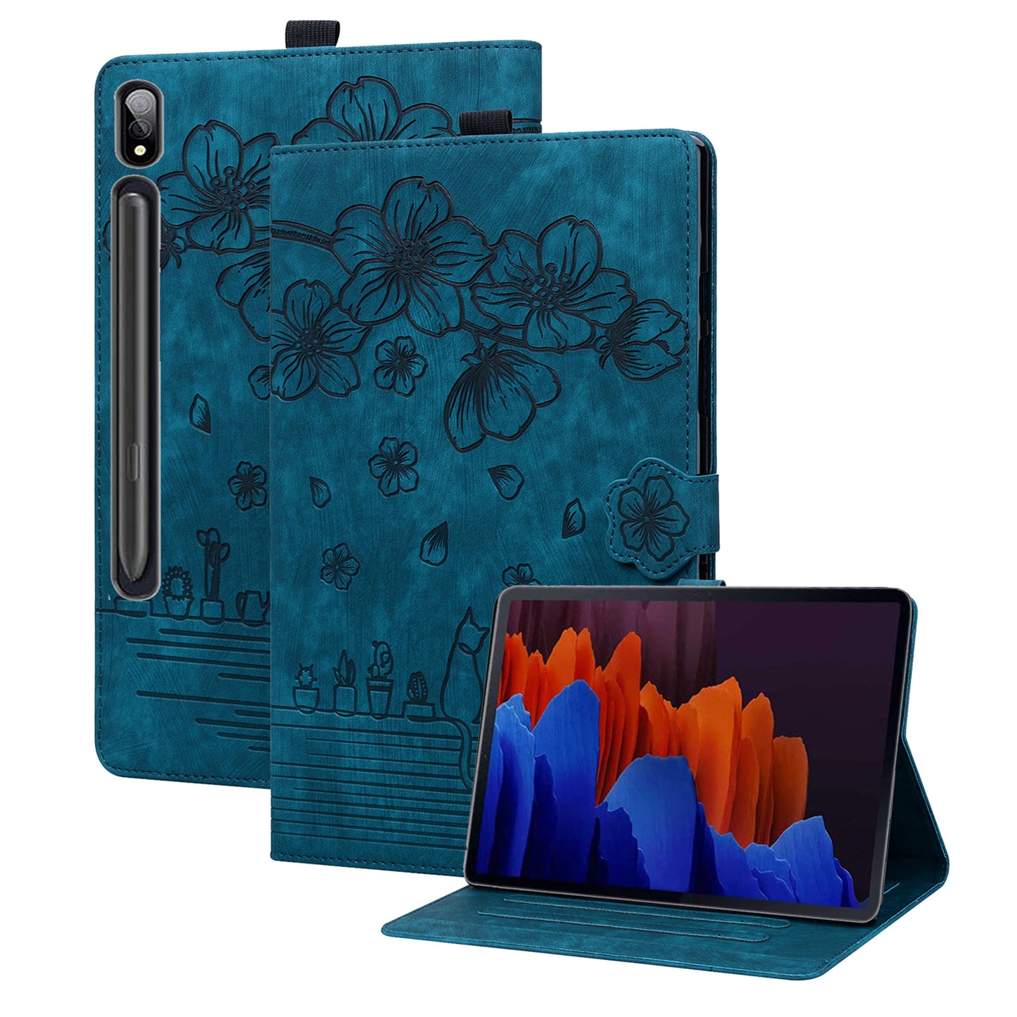 For Samsung Galaxy Tab S9+ PU Leather Card Holder Cover Flower Cat Imprinted Tablet Stand Case