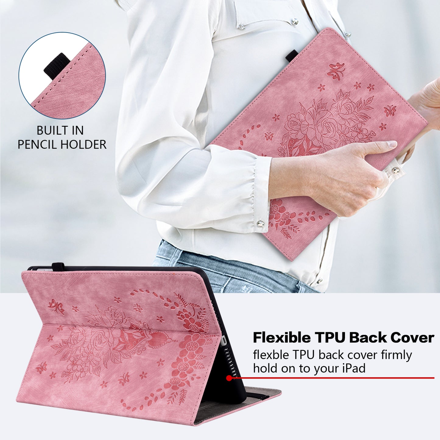 For Samsung Galaxy Tab A9+ PU Leather Card Holder Tablet Cover Butterfly Rose Imprinted Stand Case