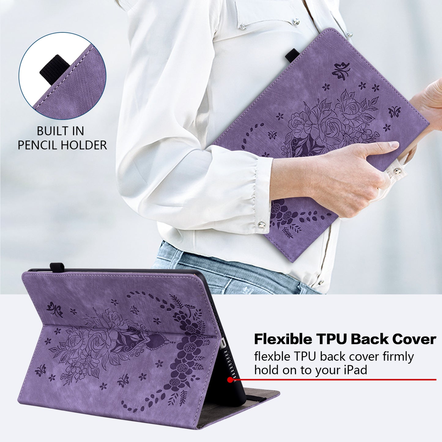 For Samsung Galaxy Tab A9+ PU Leather Card Holder Tablet Cover Butterfly Rose Imprinted Stand Case