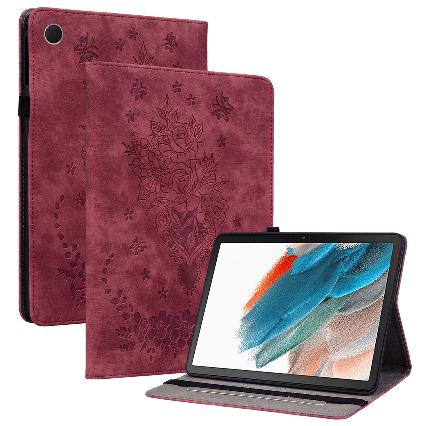 For Samsung Galaxy Tab A9+ PU Leather Card Holder Tablet Cover Butterfly Rose Imprinted Stand Case