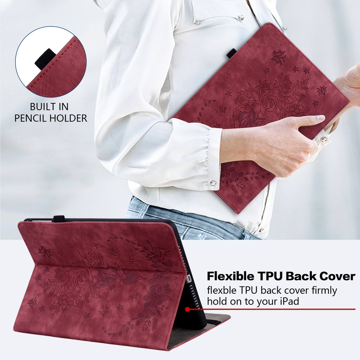 For Samsung Galaxy Tab A9+ PU Leather Card Holder Tablet Cover Butterfly Rose Imprinted Stand Case