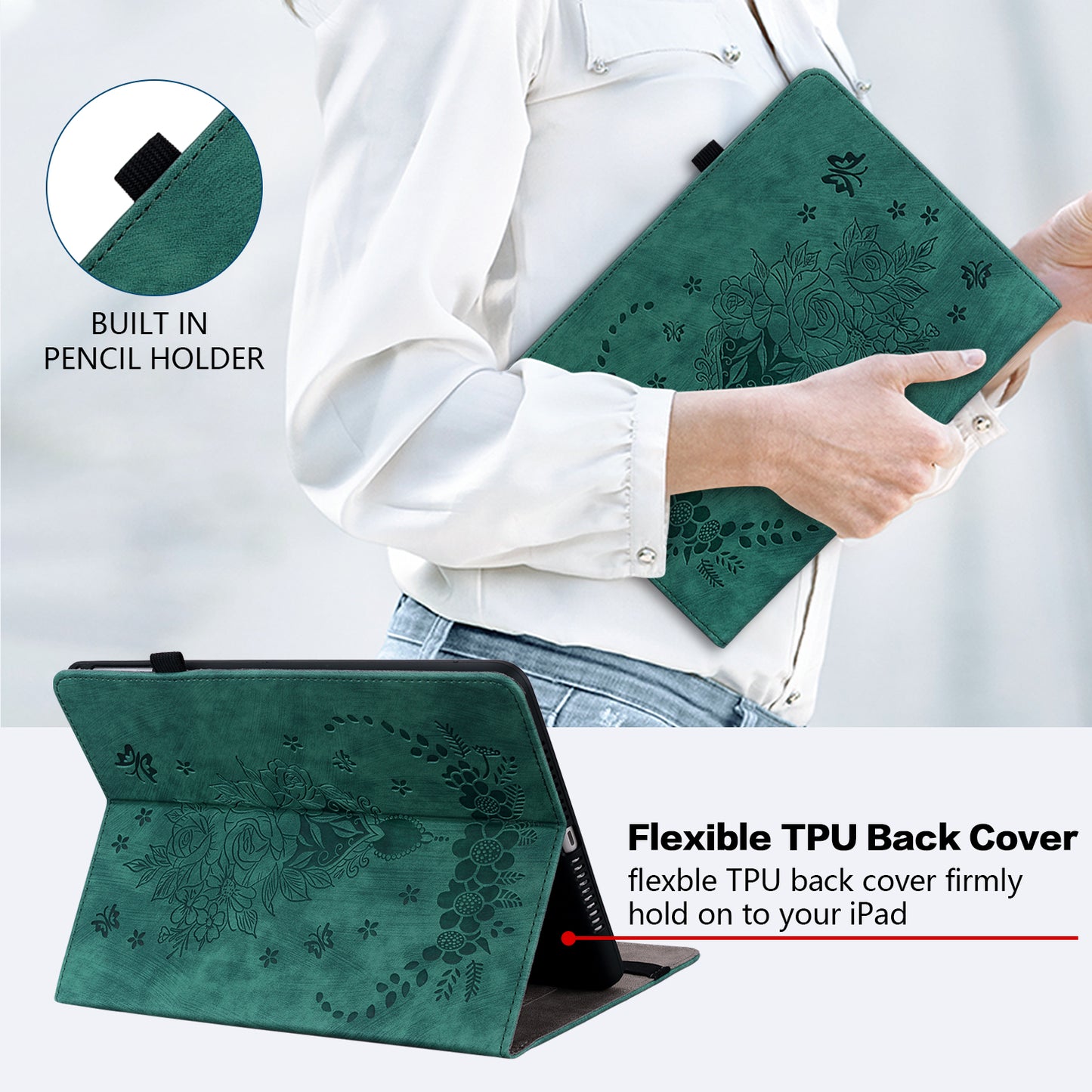 For Samsung Galaxy Tab A9+ PU Leather Card Holder Tablet Cover Butterfly Rose Imprinted Stand Case