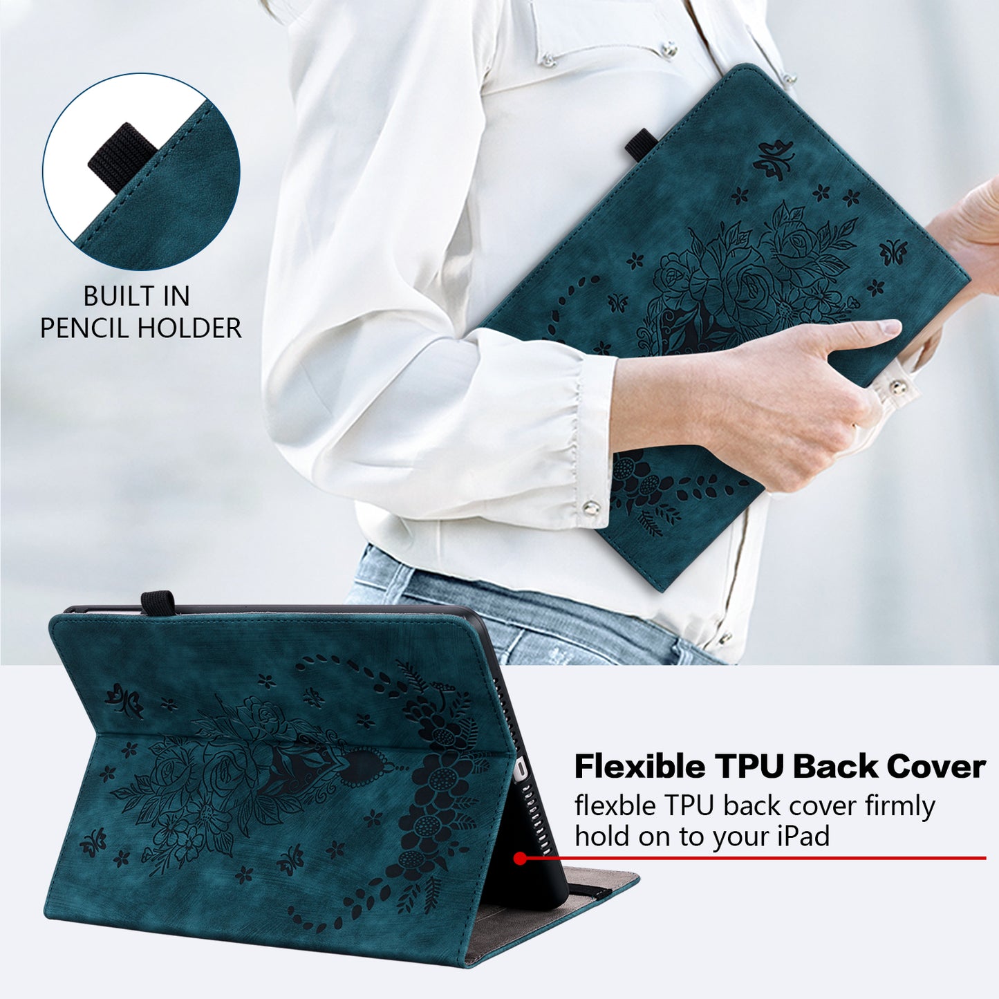 For Samsung Galaxy Tab A9+ PU Leather Card Holder Tablet Cover Butterfly Rose Imprinted Stand Case