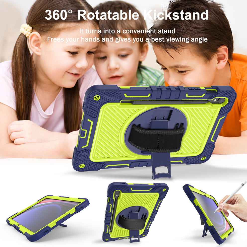 Shockproof Case for Samsung Galaxy Tab S9 Kickstand Silicone+PC Tablet Cover with Wrist Band / Shoulder Strap