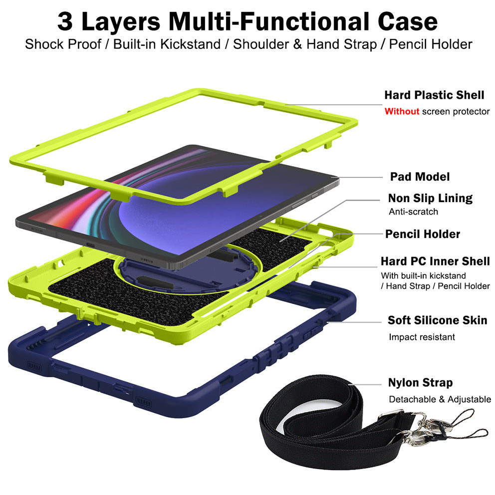 Shockproof Case for Samsung Galaxy Tab S9 Kickstand Silicone+PC Tablet Cover with Wrist Band / Shoulder Strap
