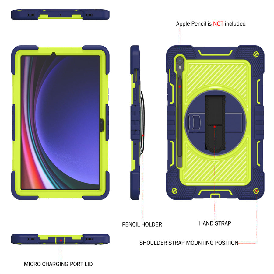 Shockproof Case for Samsung Galaxy Tab S9 Kickstand Silicone+PC Tablet Cover with Wrist Band / Shoulder Strap