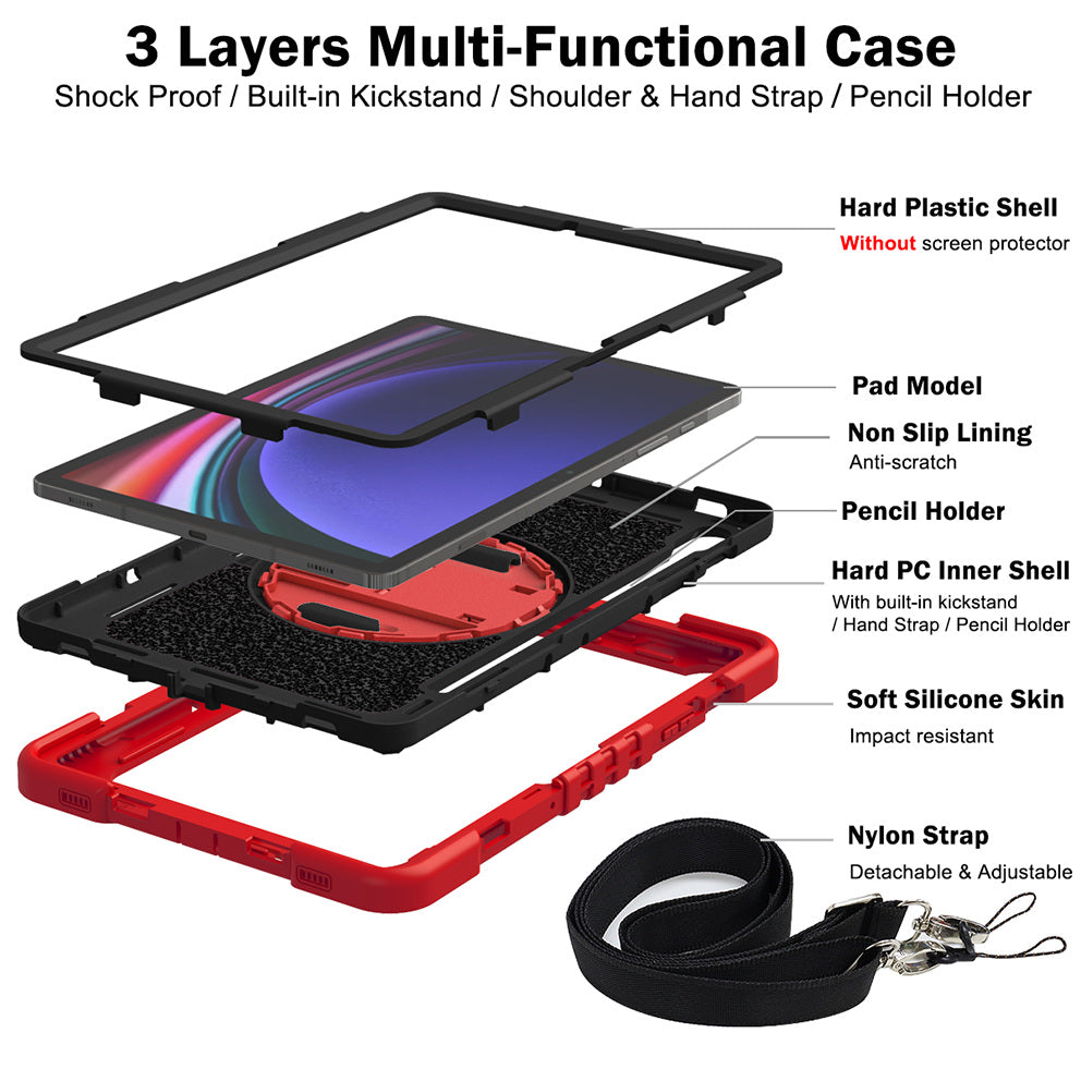 Shockproof Case for Samsung Galaxy Tab S9 Kickstand Silicone+PC Tablet Cover with Wrist Band / Shoulder Strap