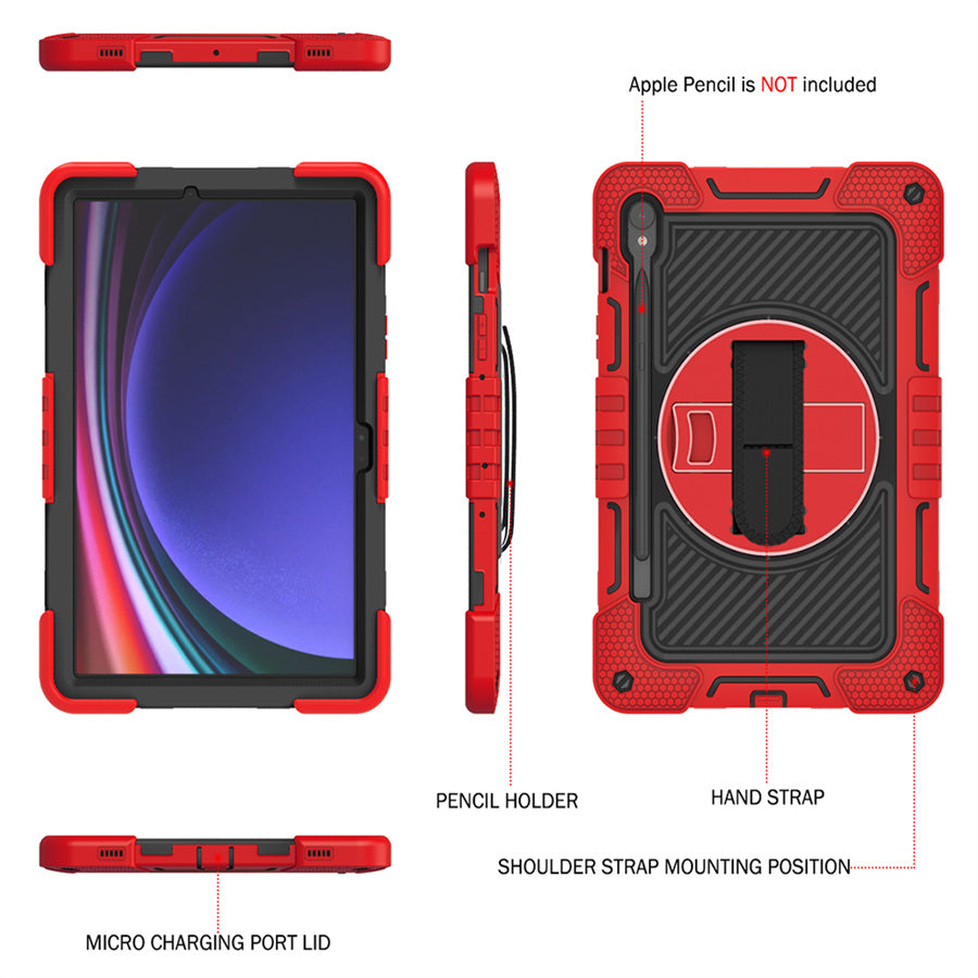 Shockproof Case for Samsung Galaxy Tab S9 Kickstand Silicone+PC Tablet Cover with Wrist Band / Shoulder Strap