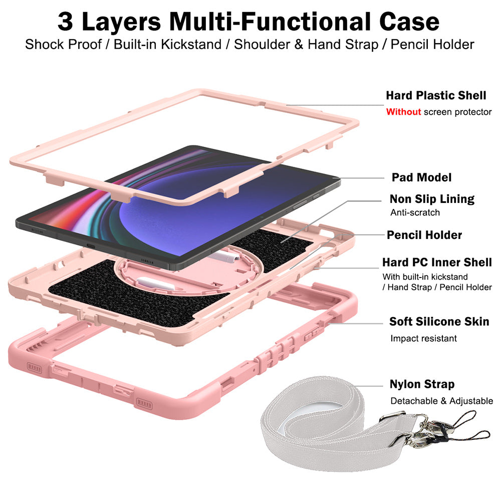 Shockproof Case for Samsung Galaxy Tab S9 Kickstand Silicone+PC Tablet Cover with Wrist Band / Shoulder Strap