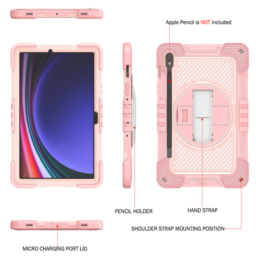 Shockproof Case for Samsung Galaxy Tab S9 Kickstand Silicone+PC Tablet Cover with Wrist Band / Shoulder Strap