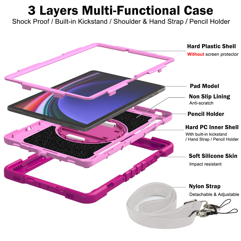 Shockproof Case for Samsung Galaxy Tab S9 Kickstand Silicone+PC Tablet Cover with Wrist Band / Shoulder Strap