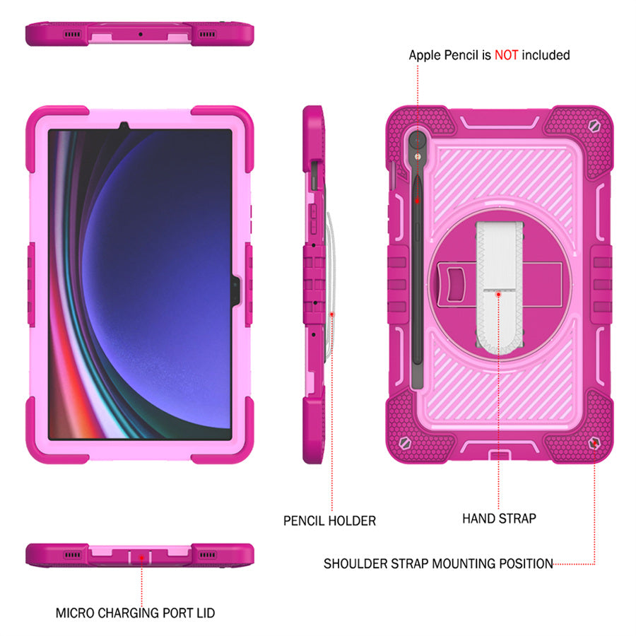 Shockproof Case for Samsung Galaxy Tab S9 Kickstand Silicone+PC Tablet Cover with Wrist Band / Shoulder Strap