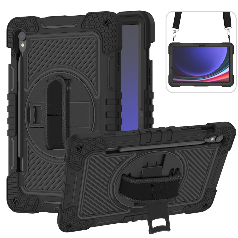 Shockproof Case for Samsung Galaxy Tab S9 Kickstand Silicone+PC Tablet Cover with Wrist Band / Shoulder Strap