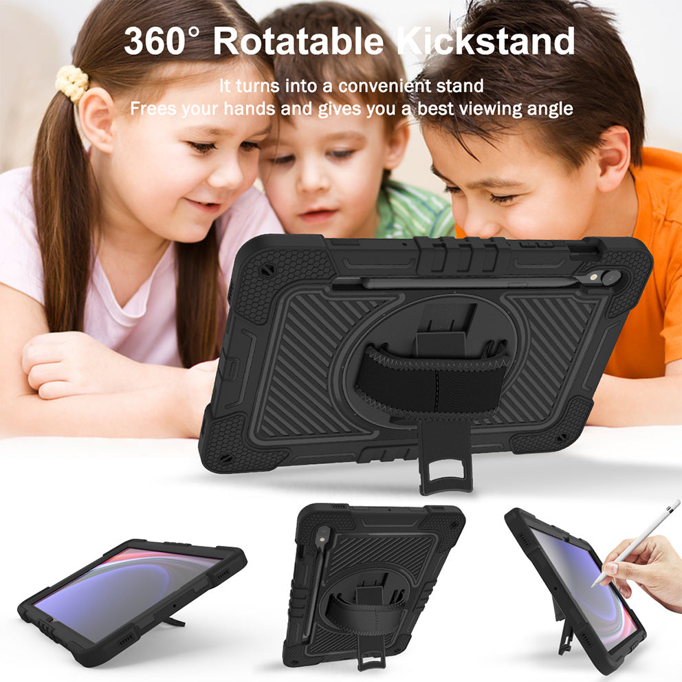 Shockproof Case for Samsung Galaxy Tab S9 Kickstand Silicone+PC Tablet Cover with Wrist Band / Shoulder Strap