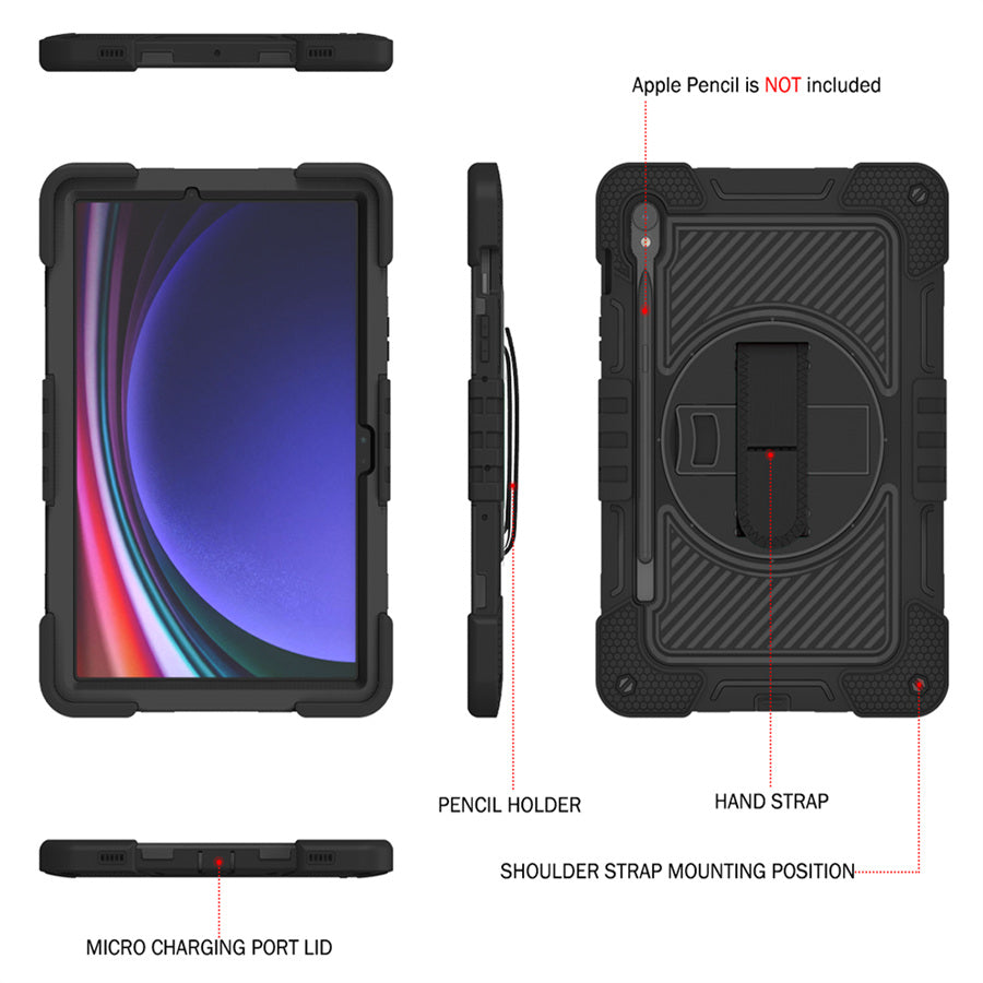 Shockproof Case for Samsung Galaxy Tab S9 Kickstand Silicone+PC Tablet Cover with Wrist Band / Shoulder Strap