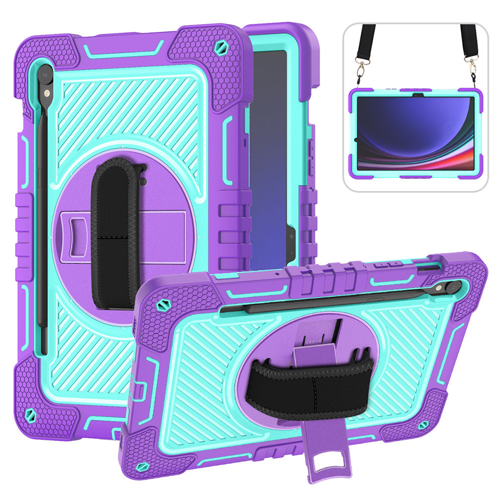 Shockproof Case for Samsung Galaxy Tab S9 Kickstand Silicone+PC Tablet Cover with Wrist Band / Shoulder Strap
