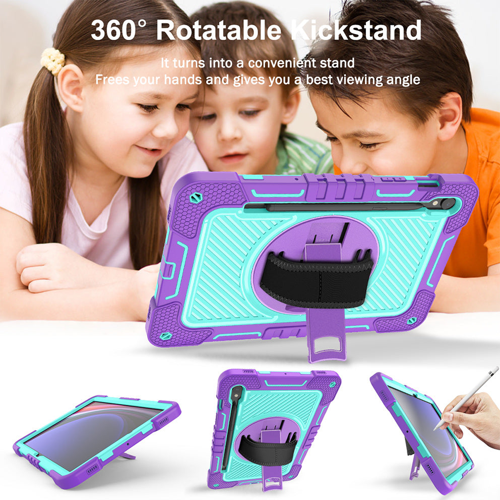 Shockproof Case for Samsung Galaxy Tab S9 Kickstand Silicone+PC Tablet Cover with Wrist Band / Shoulder Strap