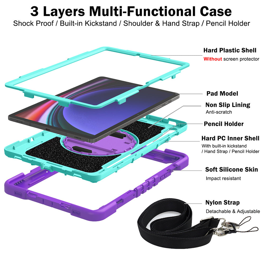 Shockproof Case for Samsung Galaxy Tab S9 Kickstand Silicone+PC Tablet Cover with Wrist Band / Shoulder Strap